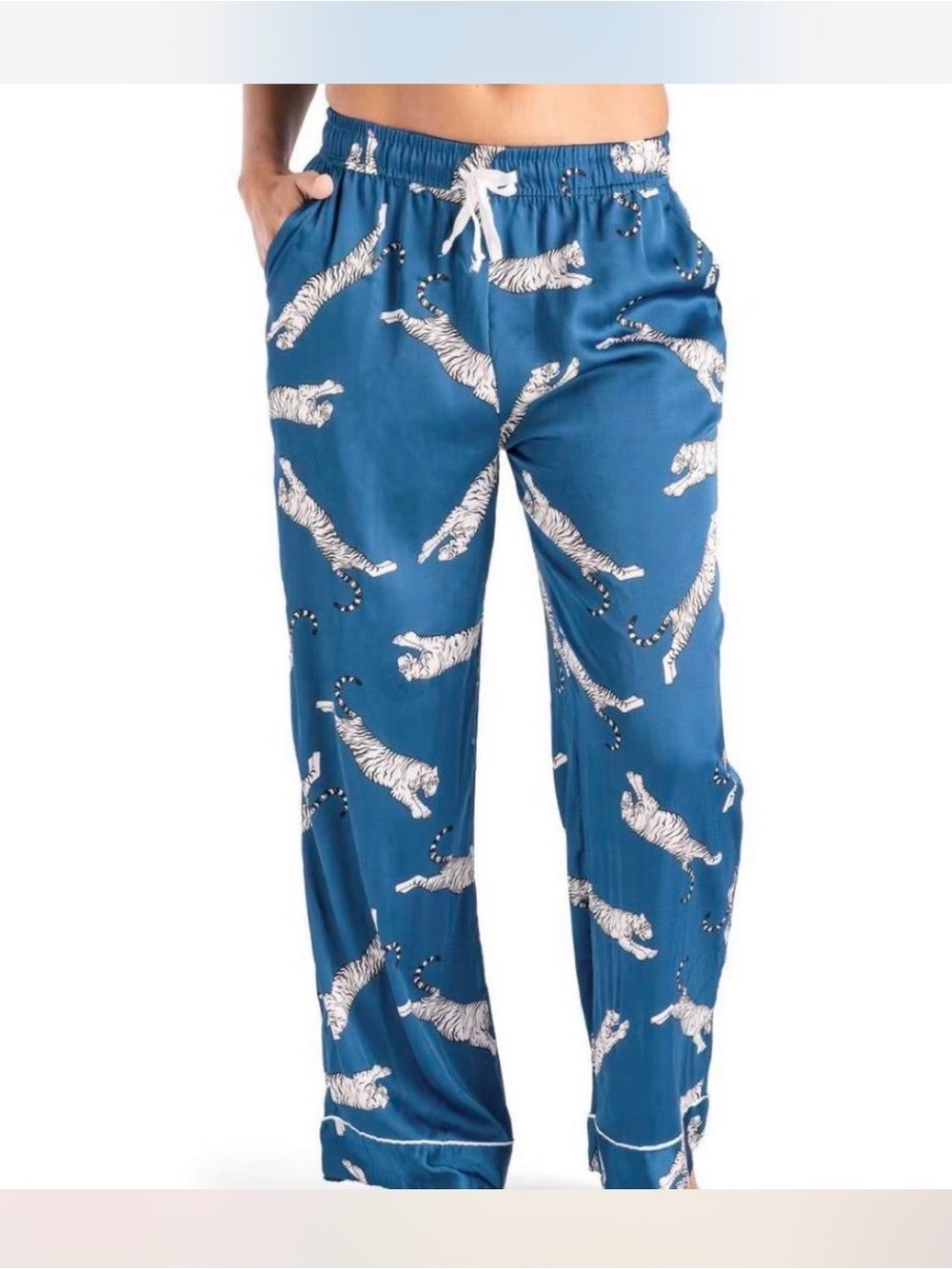 Hello Mello Satin Blue Tiger-Print Lounge PJ Pants